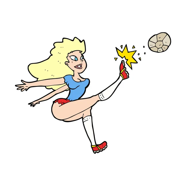 कार्टून महिला फुटबॉल खेळाडू चेंडू मारणे — स्टॉक व्हेक्टर