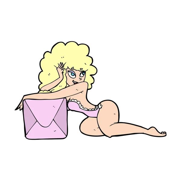 Dibujos animados pin up mujer con caja — Vector de stock