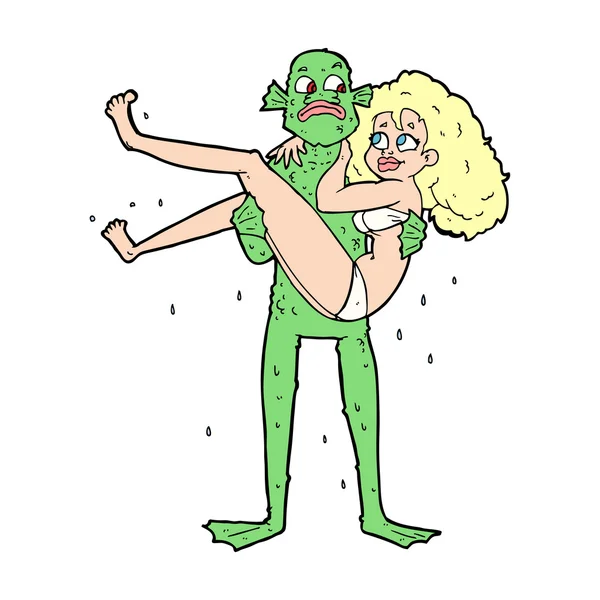 Cartoon swamp monster carrying woman in bikini — Stock Vector