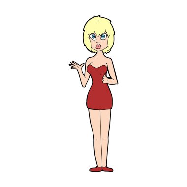 karikatür kokteyl elbiseli kadın kafası karışık.