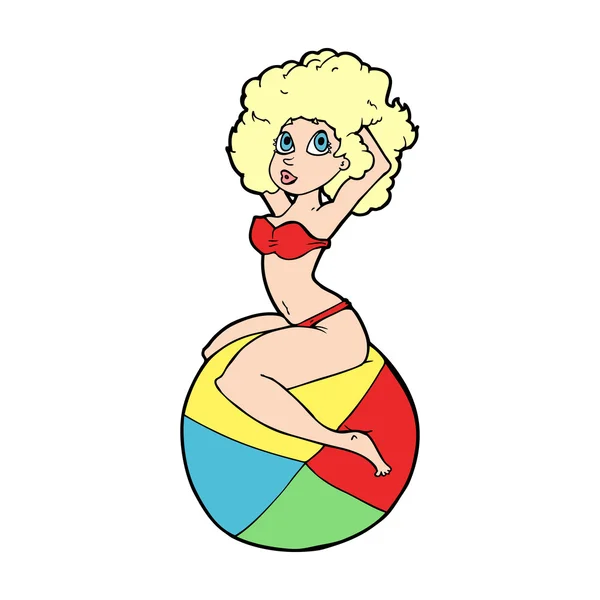 Cartoon Pin Up Mädchen sitzt auf Ball — Stockvektor