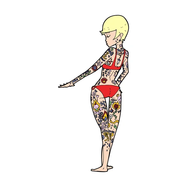 Cartoon bikini meisje bedekt met tatoeages — Stockvector