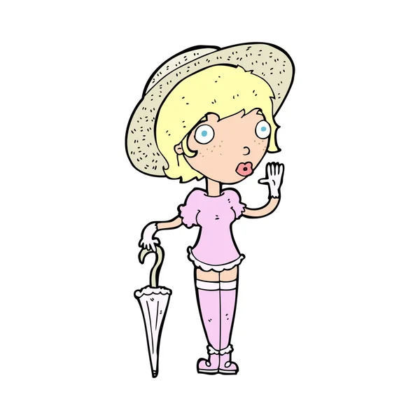 夏の帽子を振って漫画の女性 — ストックベクタ