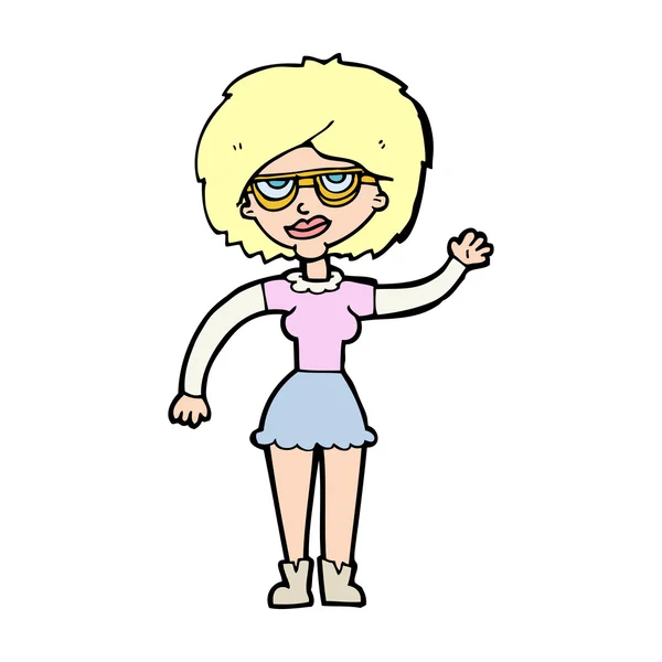 Dibujos animados mujer ondeando con gafas — Vector de stock