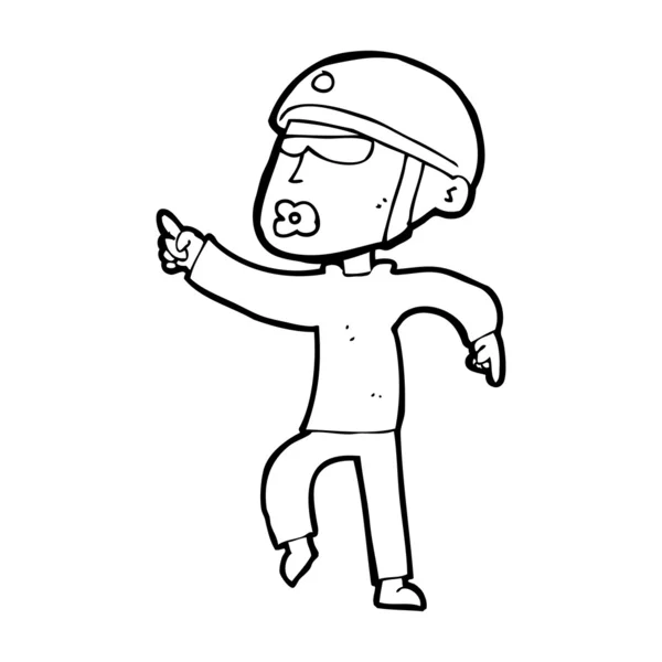 Homem dos desenhos animados no capacete de bicicleta apontando — Vetor de Stock