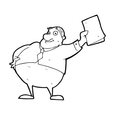 Çizgi film patronu kağıtları sallıyor.