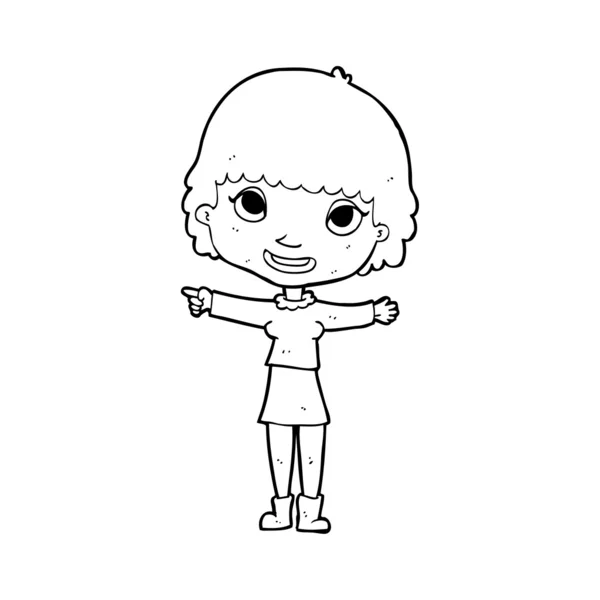 Cartone animato donna felice che indica — Vettoriale Stock