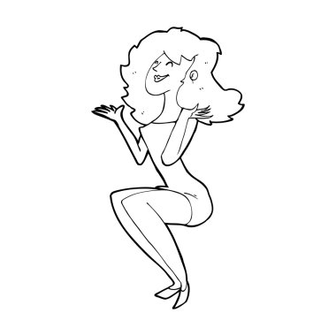 Çizgi film çekici kadın oturuyor.