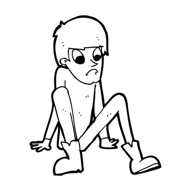 Çizgi filmci çocuk yerde oturuyor.