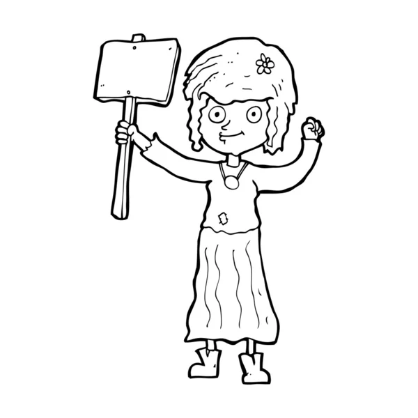 Desenho animado hippie menina com sinal de protesto — Vetor de Stock
