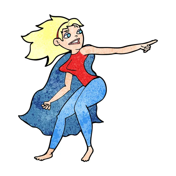 Dessin animé superhéros femme pointant — Image vectorielle