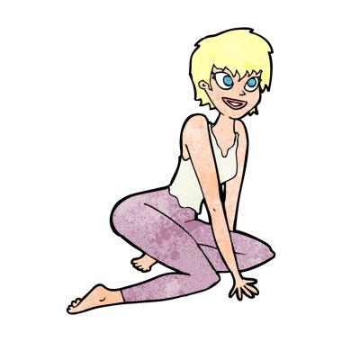 çizgi filmdeki mutlu kadın yerde oturuyor.