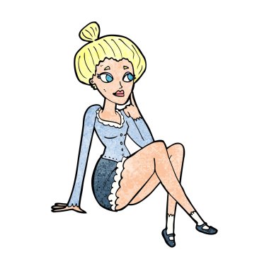 Çizgi film çekici kadın oturup düşünüyor.