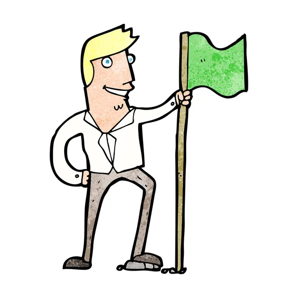 Kreskówka człowiek sadzenie flaga — Wektor stockowy