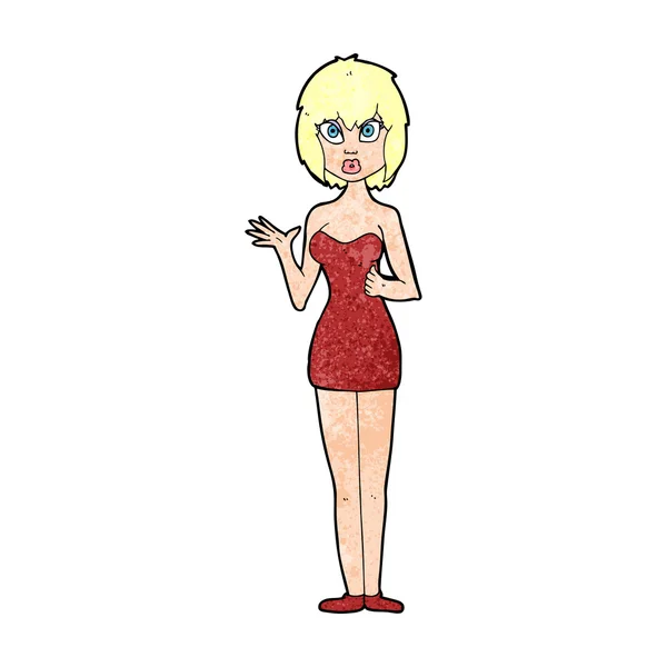 Dessin animé confuse femme en robe de cocktail — Image vectorielle