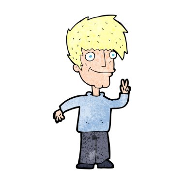 Çizgi filmci barış işareti veriyor.