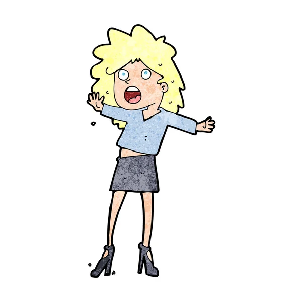 Mujer de dibujos animados que tiene problemas para caminar en tacones — Vector de stock