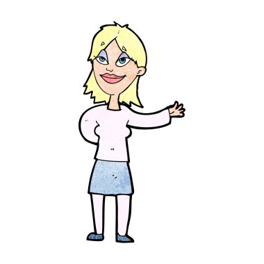 Çizgi filmdeki kadın bir şey göstermek istiyor.