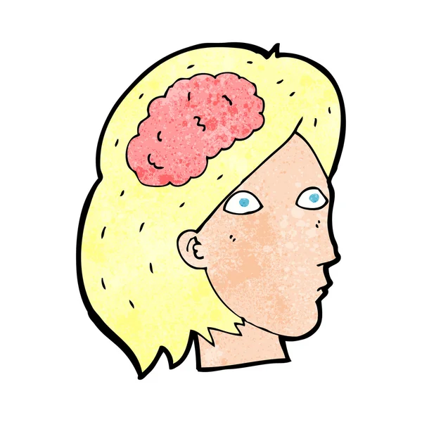 Desenho animado cabeça feminina com símbolo do cérebro —  Vetores de Stock