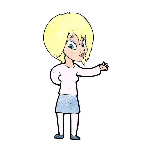 Mujer de dibujos animados haciendo gesto de bienvenida — Vector de stock