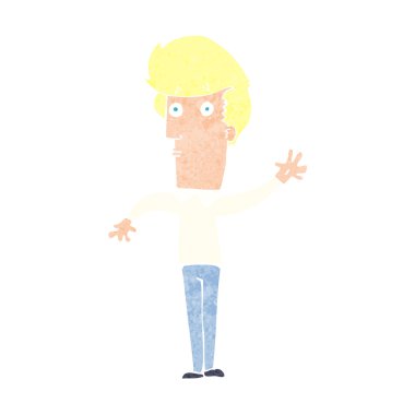 Çizgi filmdeki sinirli adam el sallıyor.