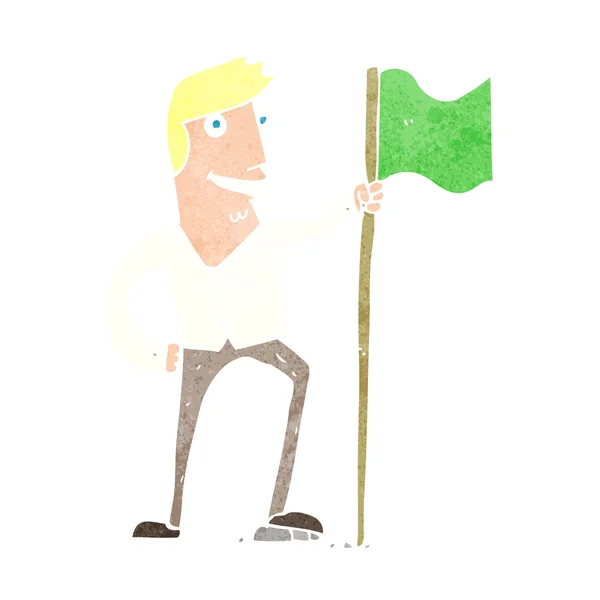 Homem dos desenhos animados plantando bandeira — Vetor de Stock