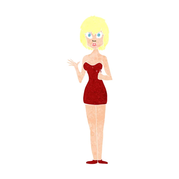 Cartoon verward vrouw in cocktail jurk — Stockvector