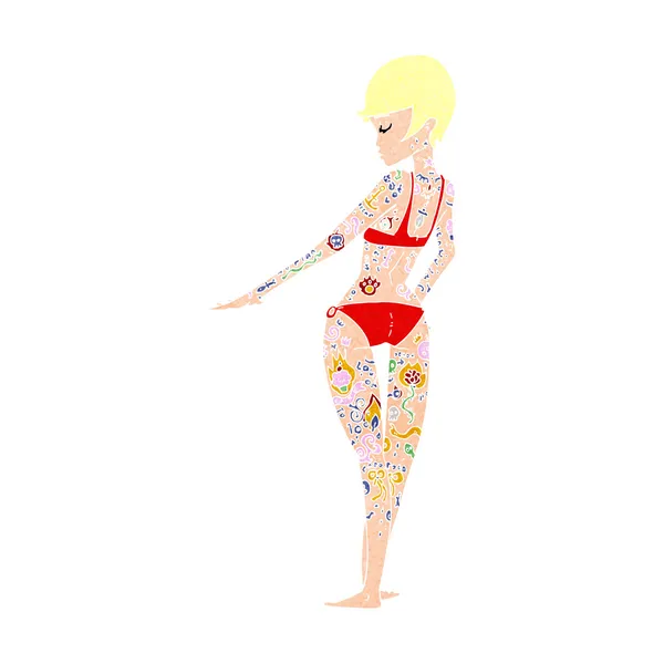 Cartoon bikini girl covered in tattoos — Stock Vector