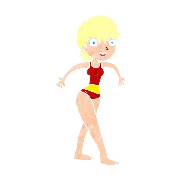 Cartoon happy woman in swimming costume — Stock Vector