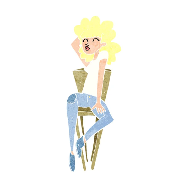 Tecknad kvinna poserar på stolen — Stock vektor
