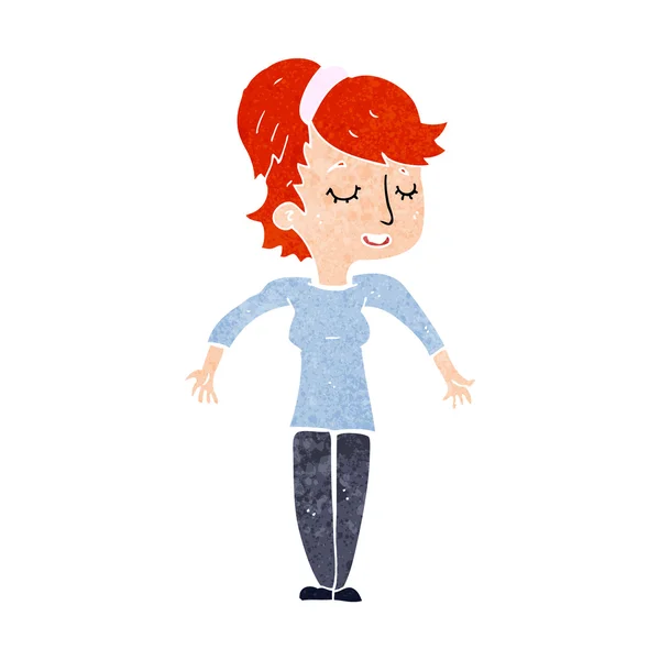 Femme amicale dessin animé haussant les épaules — Image vectorielle
