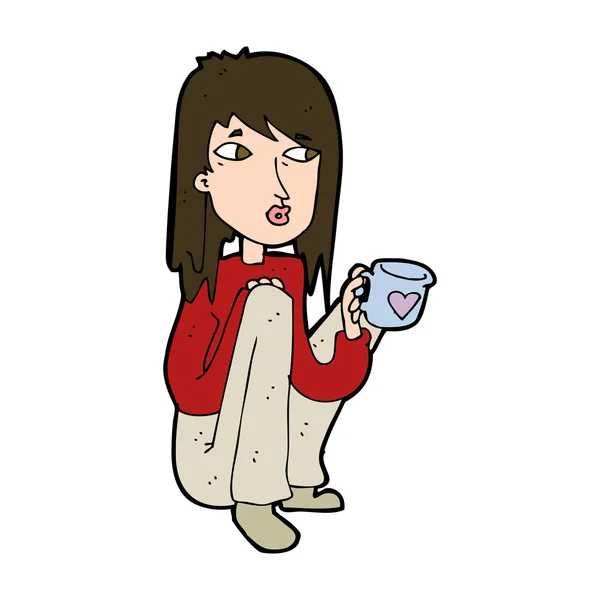 Mujer de dibujos animados sentado con taza de café — Vector de stock