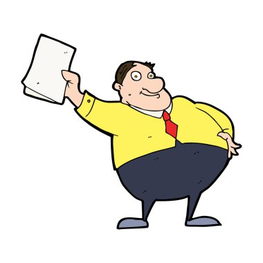 Çizgi film patronu kağıtları sallıyor.