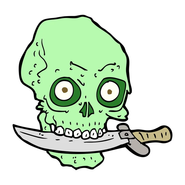 Calavera pirata de dibujos animados con cuchillo en los dientes — Vector de stock