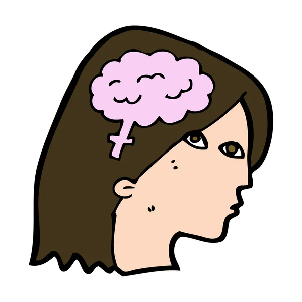 Cabeza femenina de dibujos animados con símbolo cerebral — Vector de stock