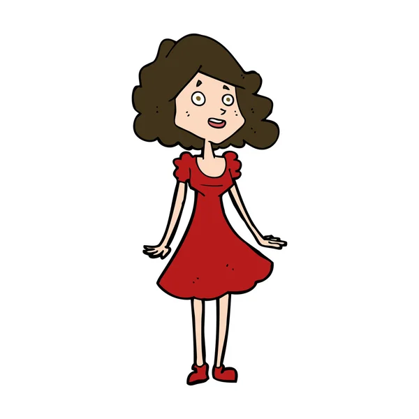 Dibujos animados mujer feliz en vestido — Vector de stock