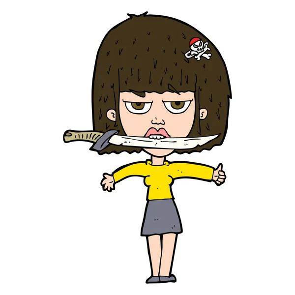 Femme dessin animé avec couteau entre les dents — Image vectorielle