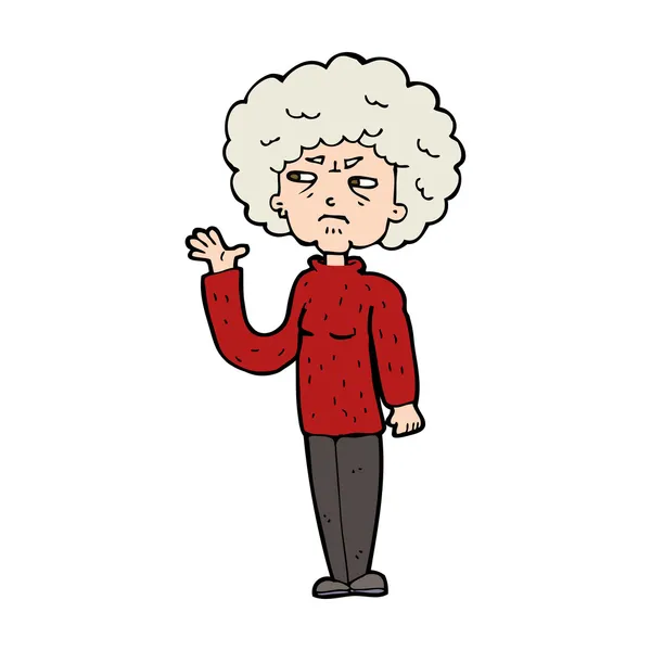 Cartoon annoyed old woman waving — Stock Vector