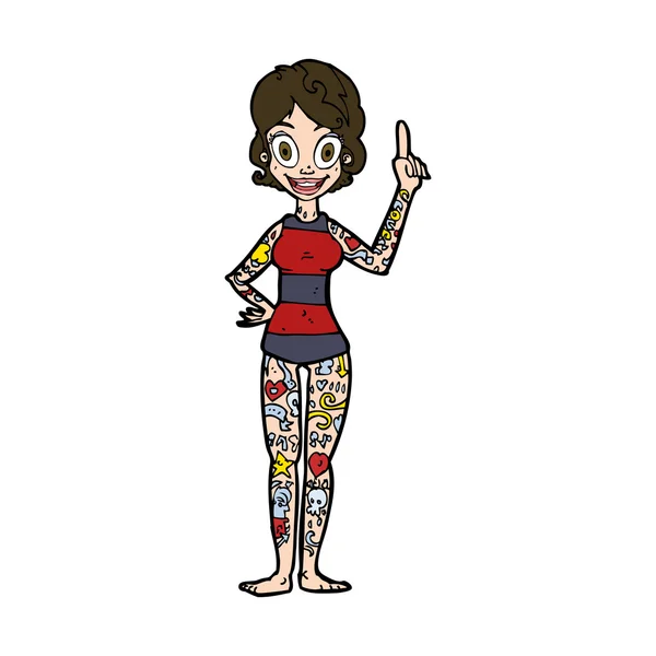 Cartoon vrouw bedekt met tatoeages — Stockvector