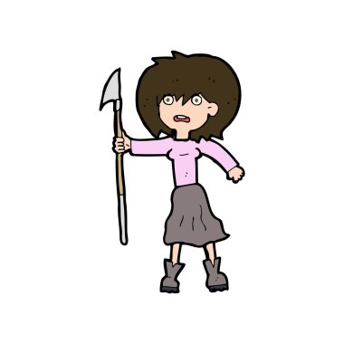 Zıpkınlı karikatür kadın.