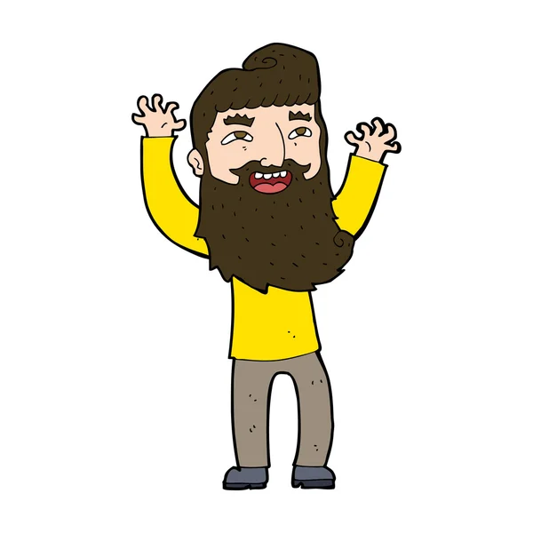 Dibujos animados hombre barbudo feliz agitando brazos — Vector de stock