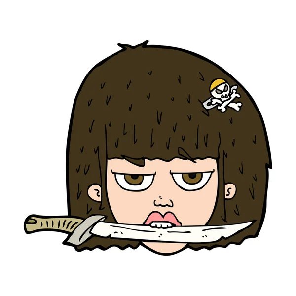 Femme dessin animé tenant couteau entre les dents — Image vectorielle