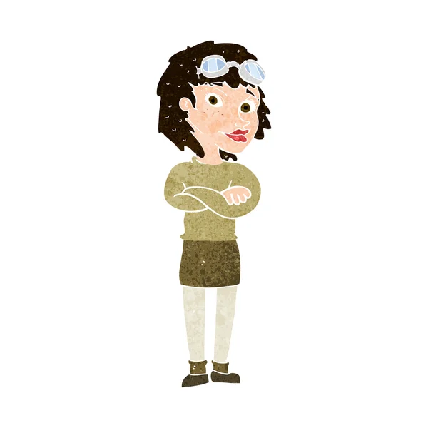 Mujer de dibujos animados con brazos cruzados y gafas de seguridad — Archivo Imágenes Vectoriales