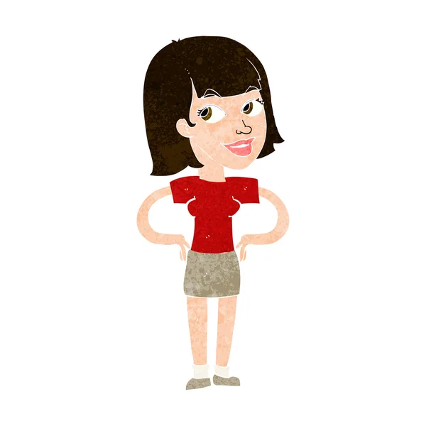 Cartoon gelukkig vrouw met handen op heupen — Stockvector