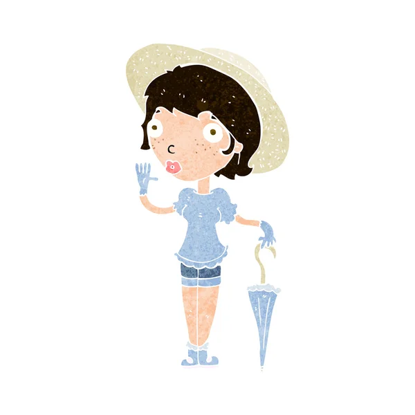 Cartoon woman in summer hat waving — Stock Vector