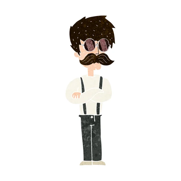 Hombre hipster de dibujos animados con bigote y gafas — Vector de stock