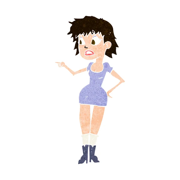 Cartone animato preoccupato donna in abito che punta — Vettoriale Stock