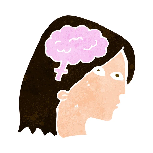 Desenho animado cabeça feminina com símbolo do cérebro — Vetor de Stock