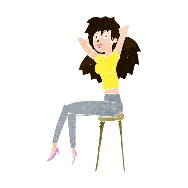 Mujer de dibujos animados posando en el taburete — Vector de stock