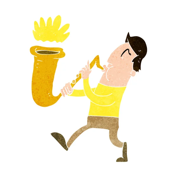 Cartone animato uomo soffiando sassofono — Vettoriale Stock